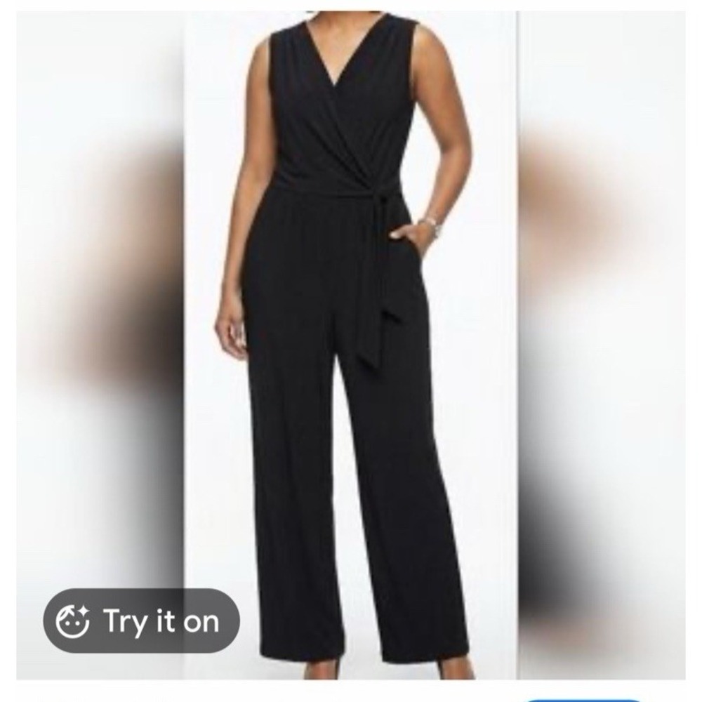 Tahari Black Sleeveless Flowy Wrap Front Jumpsuit Wide Leg‎ Belted Large NWT